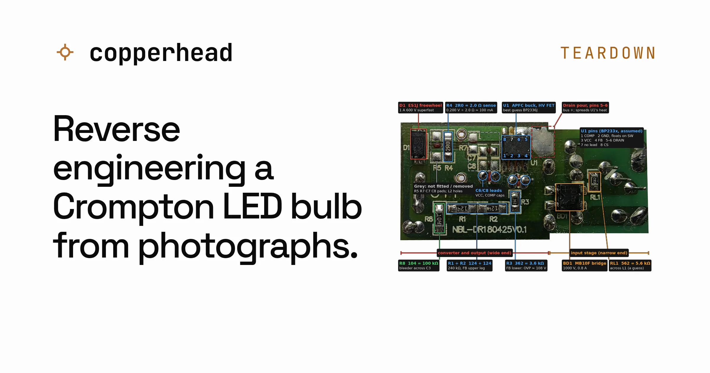 A copperhead title card: the lamp's driver board, copper side up, with every part boxed and labelled with its role and value.