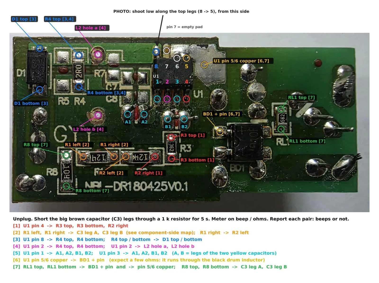 The driver's copper face with about thirty probe points circled in seven colours and the controller's pins numbered 1 to 8, pin 7 being an empty pad. Underneath is a printed list of seven continuity checks between named pins and component legs, preceded by an instruction to unplug the lamp and discharge the large capacitor through a 1 k resistor.
