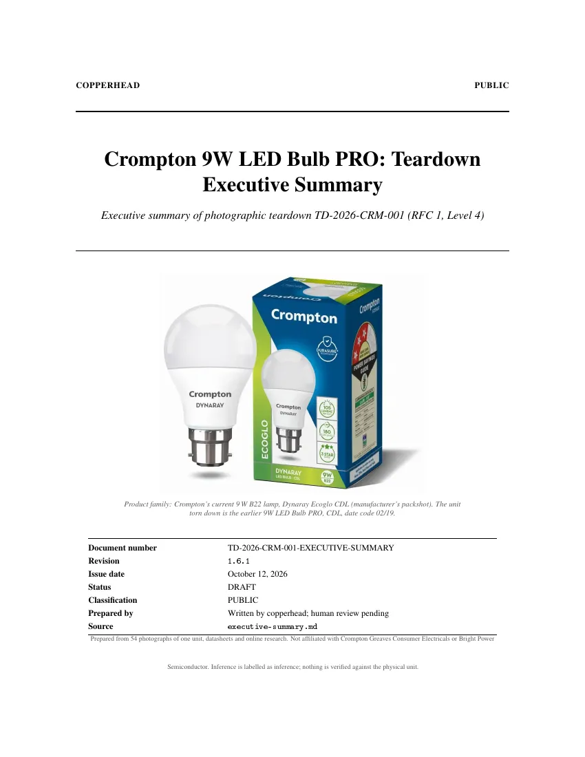 Cover of the five-page executive summary, revision 1.6.1, marked draft and public and written by copperhead, with the same photo of the bulb and its box.