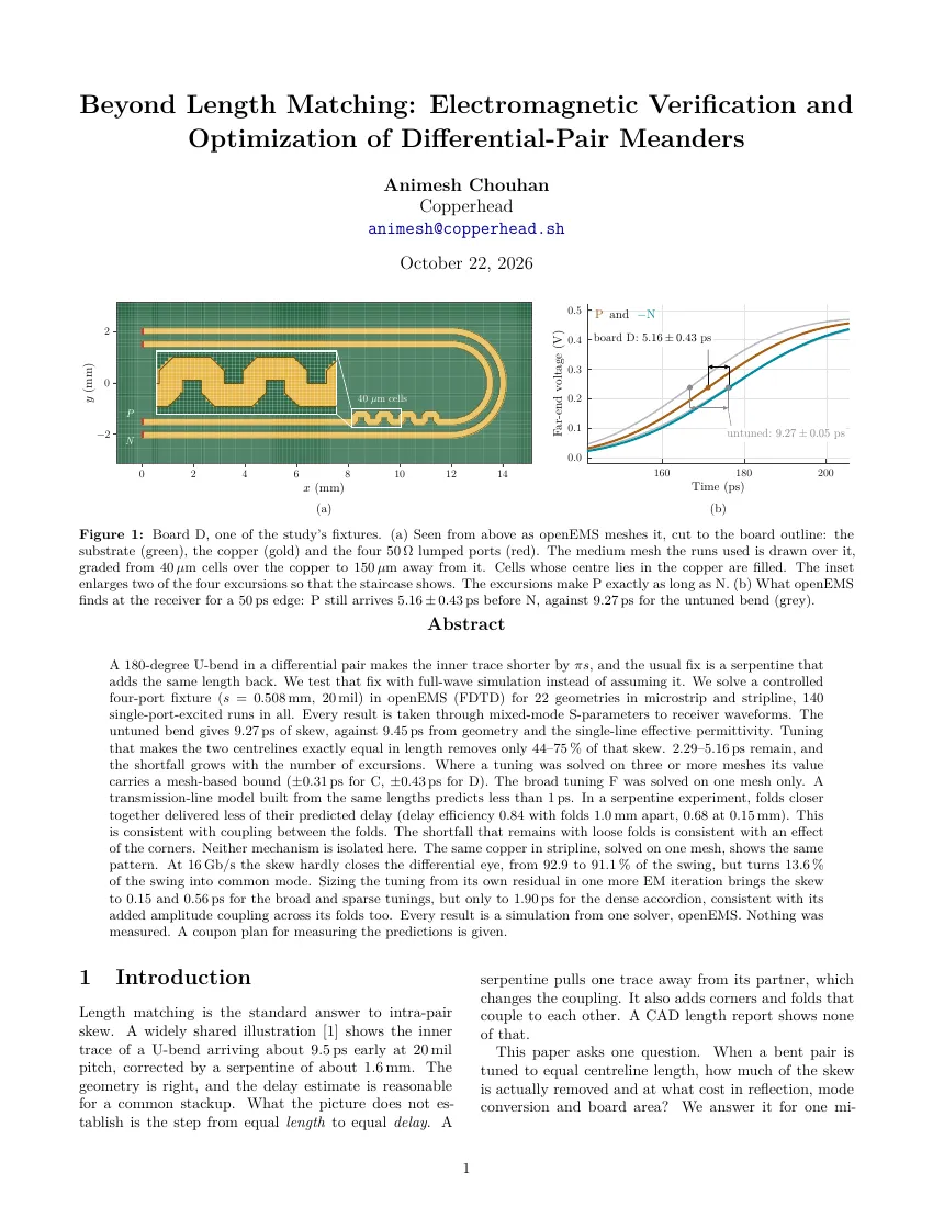 First page of the report, Beyond Length Matching: Electromagnetic Verification and Optimization of Differential-Pair Meanders, by Animesh Chouhan of Copperhead and dated 22 October 2026, with board D as openEMS meshes it beside its receiver waveforms above the abstract.