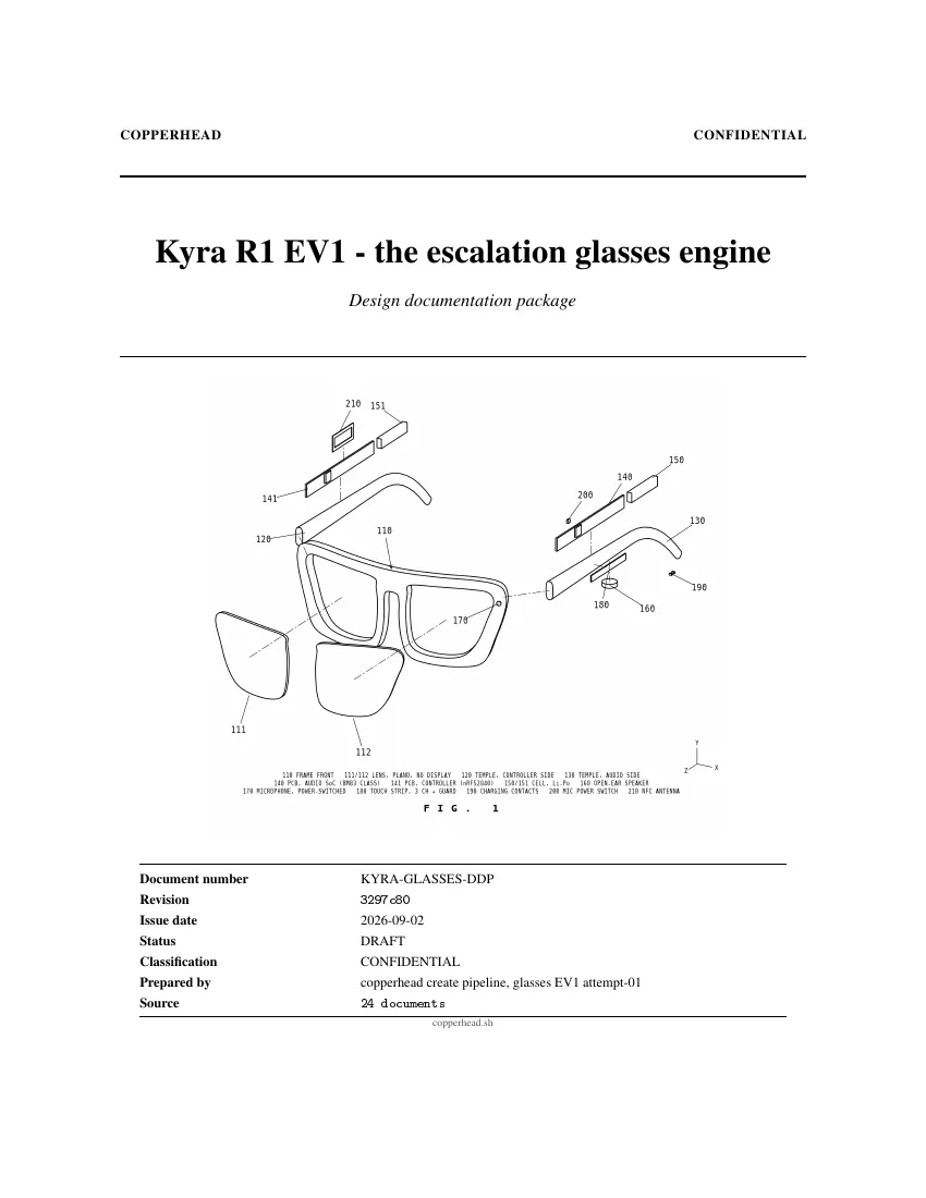 Cover page of the Kyra R1 EV1 glasses design package, revision 3297c80.