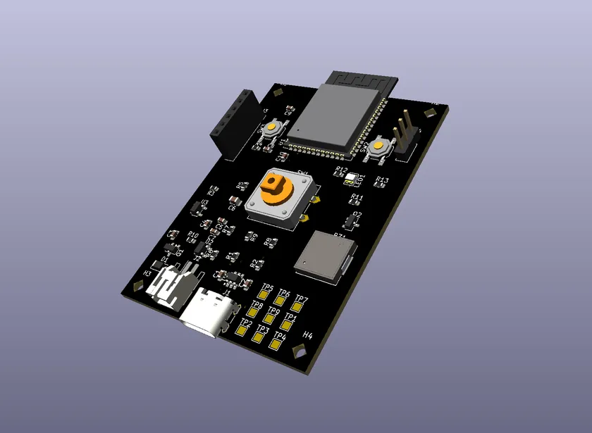 A copperhead-designed board: the Open Telegraph key, with ESP32-S3, USB-C, and the copper switch, rendered from its KiCad files.